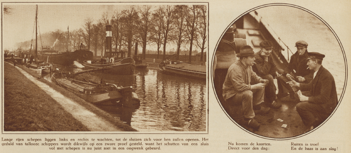872813 Collage van 2 foto's betreffende wachtende schepen en schippers in de sluizen van het Merwedekanaal te Utrecht.